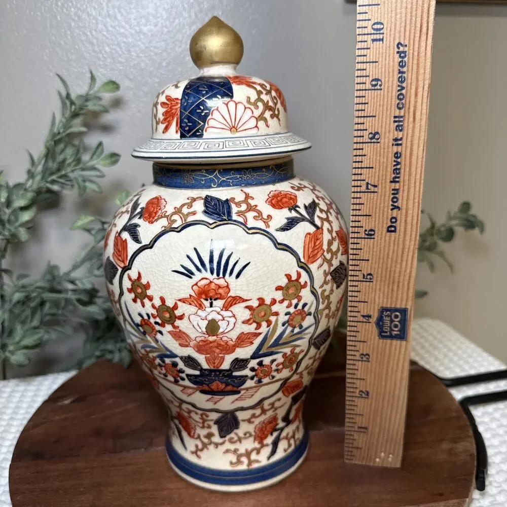 Vintage LJ Japan Imari Style Ginger Jar Lidded Vase Crackle Glaze Chinoiseri 11”